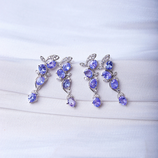 精品彩宝 天然坦桑石纯银镶嵌耳钉 女款银镶嵌彩宝水晶耳钉饰品