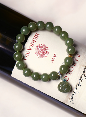 天然和田玉青黄口料圆珠搭配小弥勒佛坠子原创款手链女款玉石手串