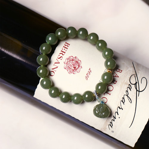 天然和田玉青黄口料圆珠搭配小弥勒佛坠子原创款手链女款玉石手串