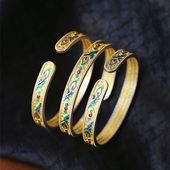 手镯 女款 时尚 999足银金凤翎珐琅彩描金内心经开口款 新中式 银镯