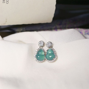 翡翠精工银耳饰品 女款 天然A货翡翠危料蓝水镀银镶嵌葫芦款 耳钉