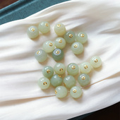 天然和田玉青海料晴水老型珠18K金贴片镶嵌转运珠 吊坠 路路通女款