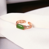 女开口简约款 戒指 戒圈饰品 纯银镶嵌款 天然和田玉碧玉长形戒面款