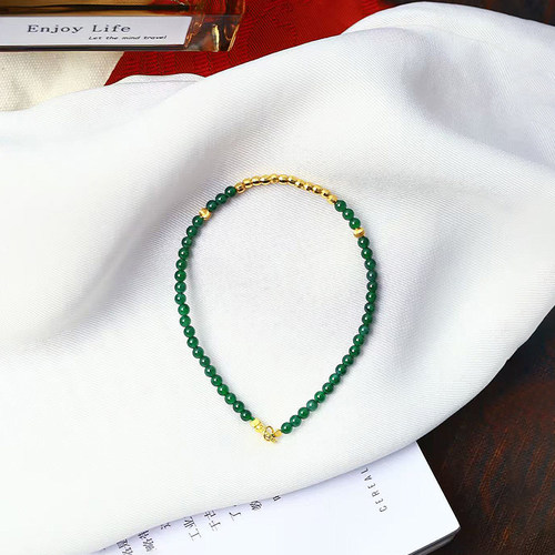 16-17左右手围天然A货翡翠危料帝王绿圆珠925银配件原创款手链女