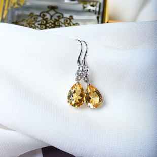 精品彩宝天然黄水晶水滴裸石纯银镶嵌耳钩款 彩宝耳饰饰品 耳坠女款