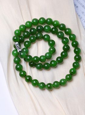 天然俄罗斯碧玉圆珠女款项链冰底阳绿菠菜绿水头好杂裂的珠子不多