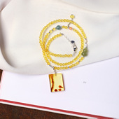 花珀饰品 女款 天然琥珀花珀方牌搭配金珀珠链原创款 吊坠毛衣链