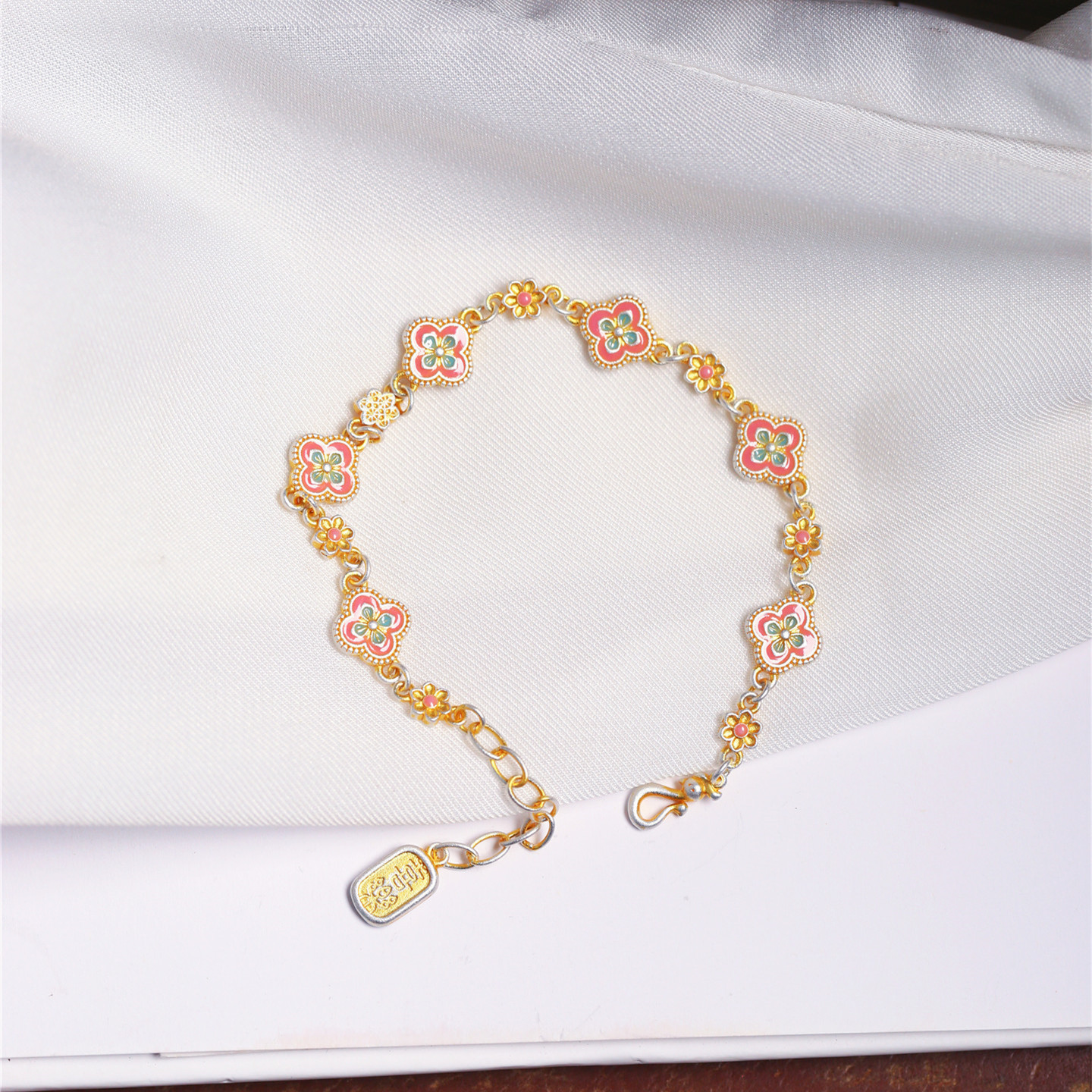 999纯银描金黄金烧蓝彩绘柿蒂花四叶草款手链 高级感女款时尚纯银