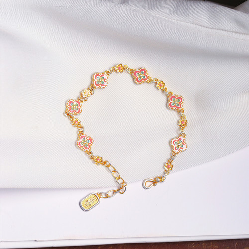 999纯银描金黄金烧蓝彩绘柿蒂花四叶草款手链 高级感女款时尚纯银