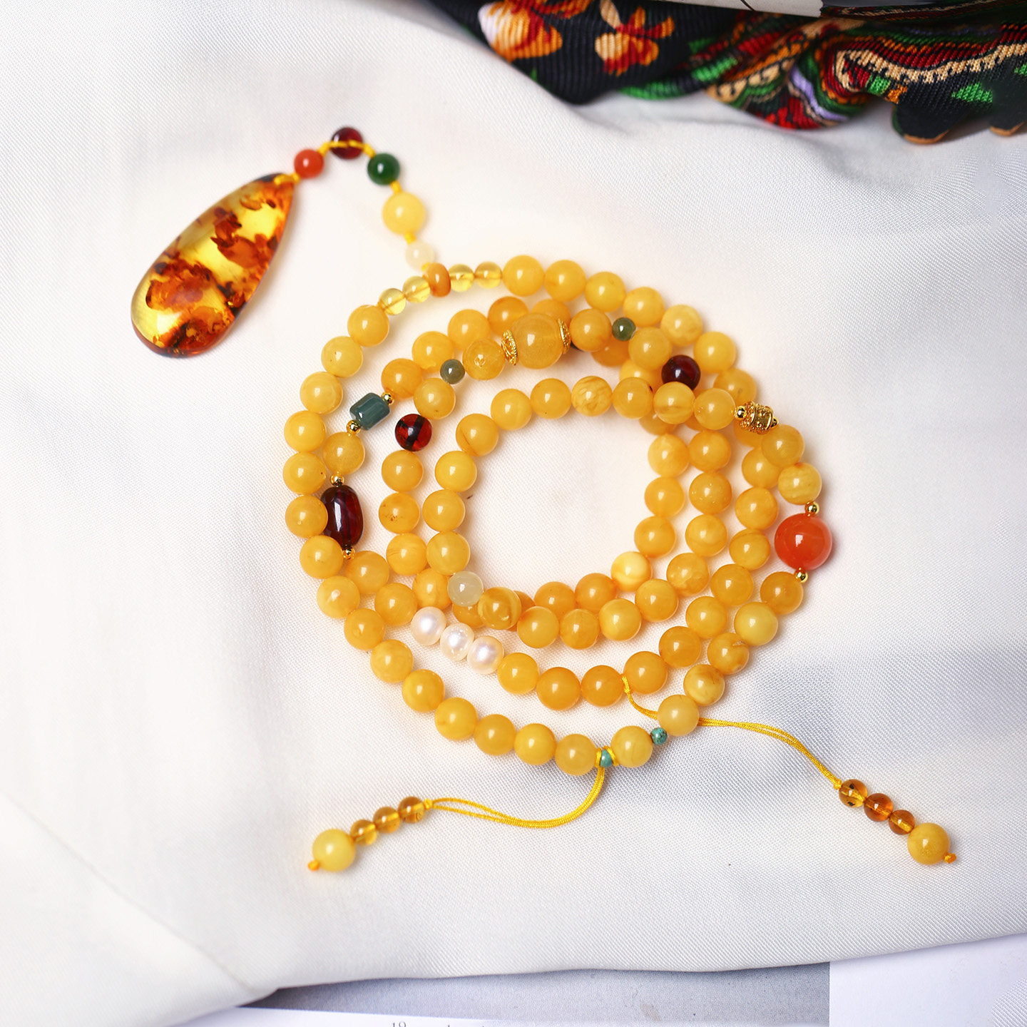 天然蜜蜡老蜜蜡圆珠搭配花珀坠子原创搭配款项链毛衣链 女款琥珀