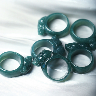 天然A货翡翠危料蓝水雕刻款貔貅款戒指戒圈 男女款翡翠指环饰品