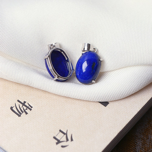 天然老矿青金石帝王青金石椭圆蛋面纯银镶嵌吊坠 女水晶吊坠饰品