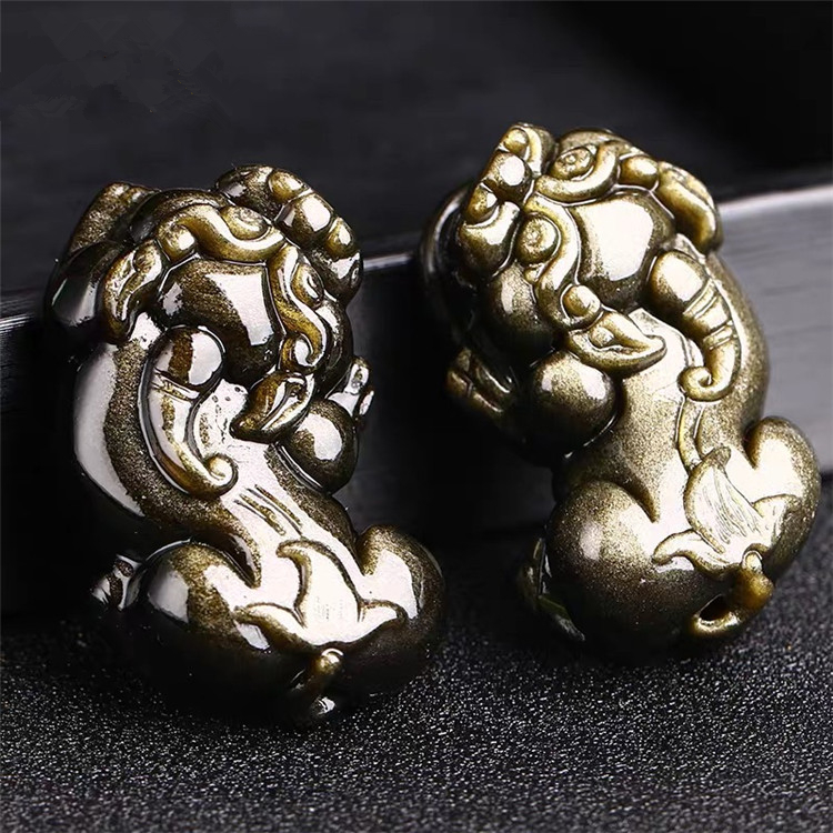 天然水晶金耀石雕刻貔貅款吊坠男女款招财水晶黑曜石挂坠饰品礼物