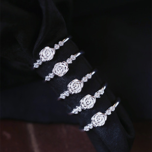 925纯银镶嵌山茶花戒指女款简约足银戒指时尚款戒指饰品礼物