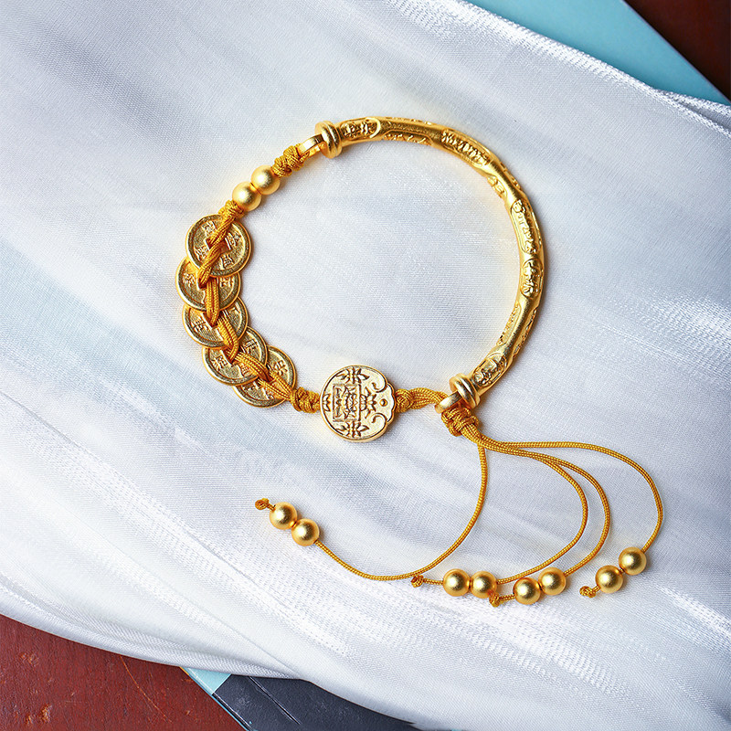 999足银镀金五帝钱吉言半镯款手镯 女款纯银镯子时尚饰品礼物