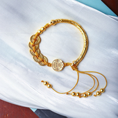 纯银镯子时尚 女款 饰品礼物 手镯 999足银镀金五帝钱吉言半镯款