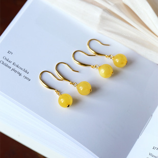 爆款 蜜蜡耳饰饰品 俄料精品天然蜜蜡圆珠纯银镶嵌耳钩耳坠 女款