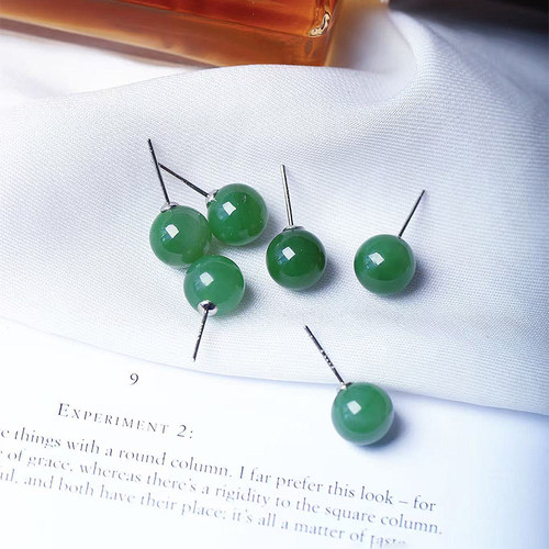 福利款 天然俄罗斯碧玉圆珠纯银镶嵌款耳钉 女款玉石简约款耳饰