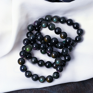 大漏5A好货天然彩虹眼黑曜石手链男女款 彩眼七彩黑曜石饰品礼物