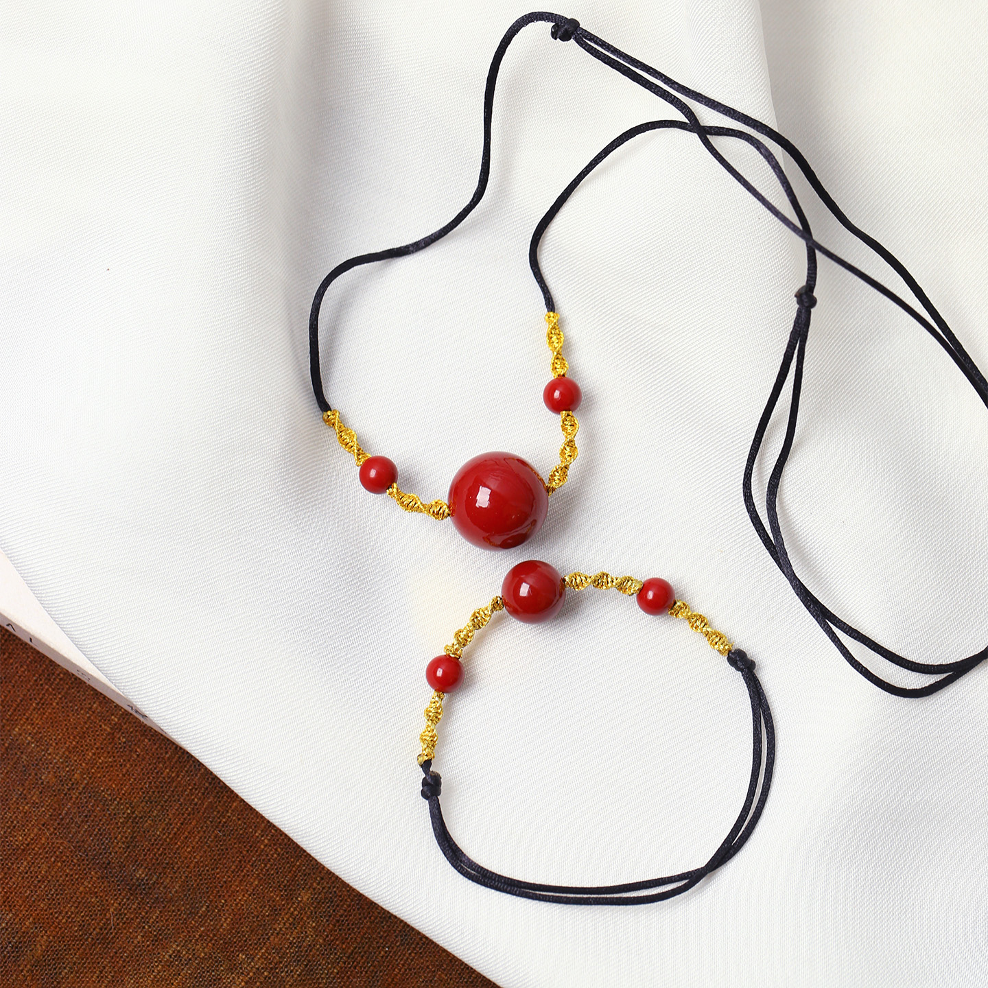 原矿朱砂紫金砂圆珠款手链项链套装手工编织 女款本命年手串饰品