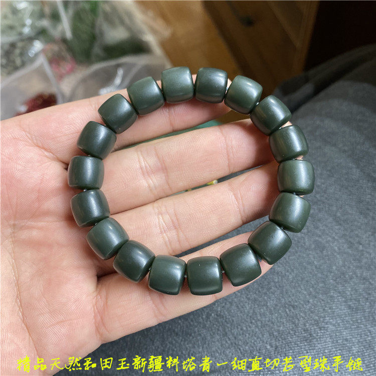 精品天然和田玉新疆料塔青一细直切老型珠手链 男女款玉石A0320