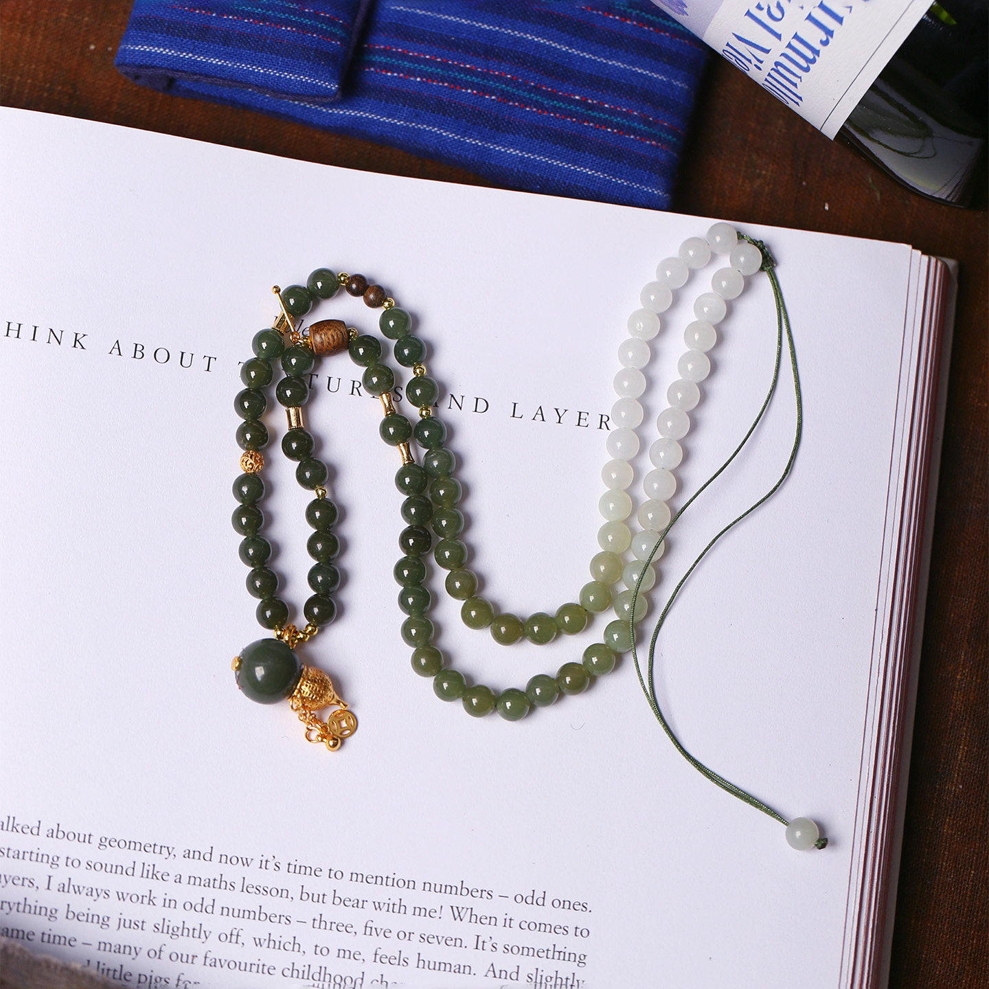 天然和田玉青玉渐变色珠链搭配小葫芦吊坠原创款项链女款玉石饰品