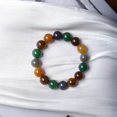 天然和田玉多宝色圆珠款手链 配碧玉糖料烟紫男女款玉石手串饰品