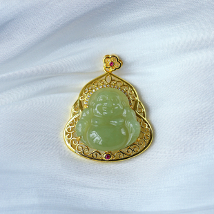 女款 吊坠 玉石佛公挂坠 天然和田玉弥勒佛镀银托镶嵌款 超值推荐