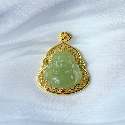 和田玉弥勒佛镀银托镶嵌款吊坠