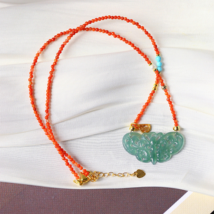 天然A货翡翠危料蓝水镂空雕刻蝴蝶搭配南红珠链原创款吊坠女款