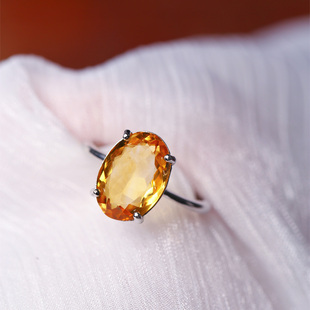 精品彩宝 天然黄水晶纯银镶嵌款戒指 女款水晶彩宝戒指饰品礼物