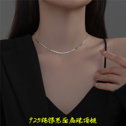 925纯银光面扁珠项链简约