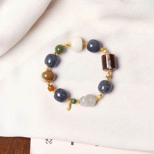 天然和田玉青花籽料搭配糖料原创款手链 女款玉石设计款手串饰品