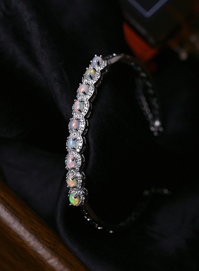 天然欧珀镀银镶嵌款手镯 火彩好 女款彩宝镯子饰品礼物