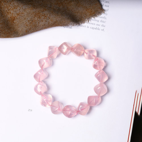 天然水晶粉水晶冰粉菱形方糖款单圈手链女款粉水晶饰品
