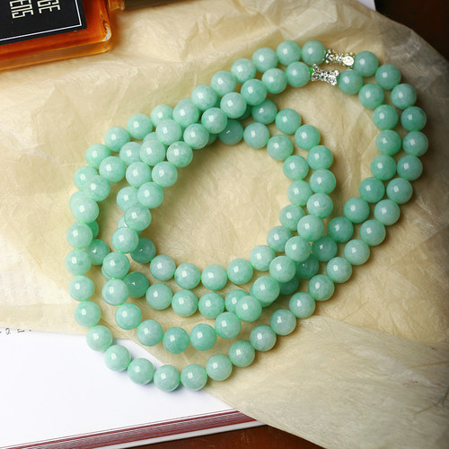 天然缅甸料A货翡翠果绿色圆珠款项链 女款正品翡翠妈妈链饰品礼物