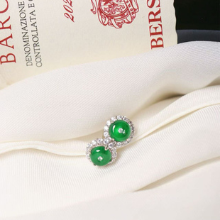 天然A货翡翠危料帝王绿平安扣纯银镶嵌款 翡翠精工银耳饰品 耳钉