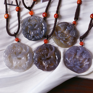 天然和田玉烟紫镂空雕刻花开富贵一路有你款圆牌吊坠女款玉石挂坠