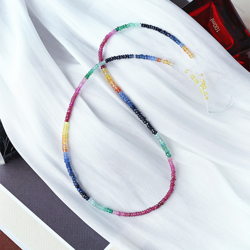 精品 天然红蓝宝石祖母绿切面盘珠项链 女款彩宝项链宝石款锁骨链