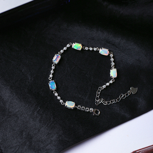 精品彩宝 天然欧珀纯银镶嵌手链 火彩好 女款彩宝送女友饰品礼物