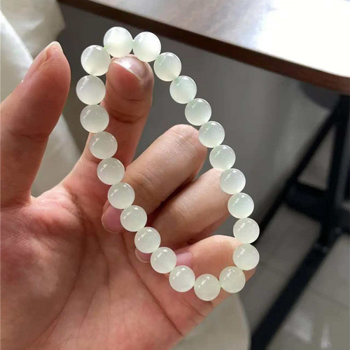 天然和田玉老料高冰晴单圈手链 冰透猫眼荧光料 女款玉石手串饰品