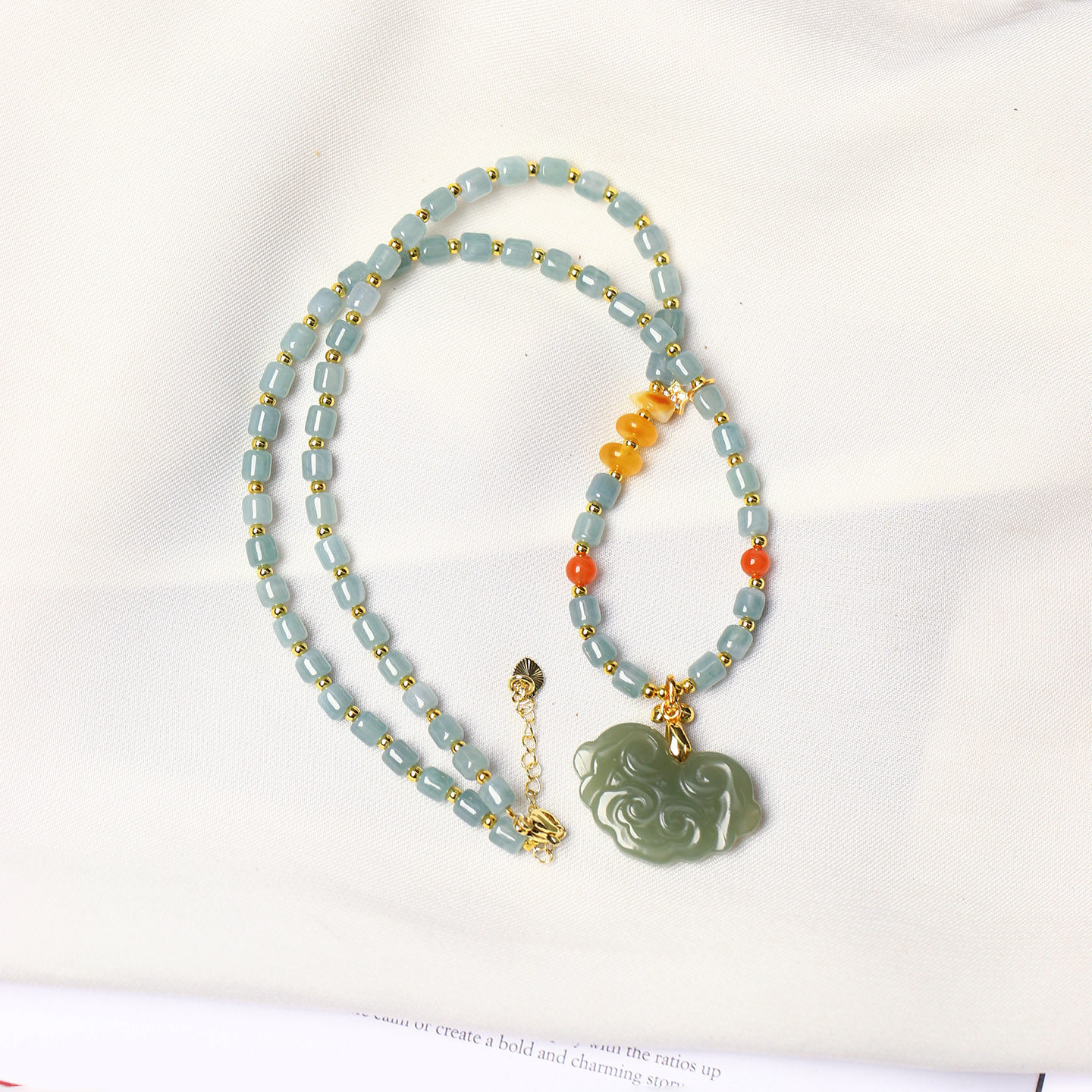 天然和田玉青玉如意搭配翡翠珠链原创款吊坠毛衣链 女款玉石项链