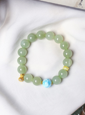 天然和田玉青玉晴水搭配海纹石原创搭配款手链 女款玉石手串饰品