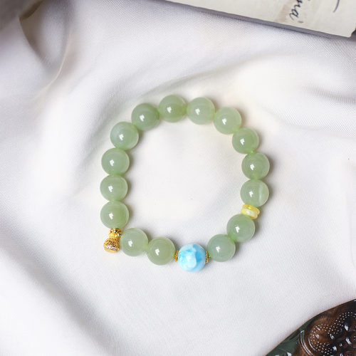 天然和田玉青玉晴水搭配海纹石原创搭配款手链 女款玉石手串饰品