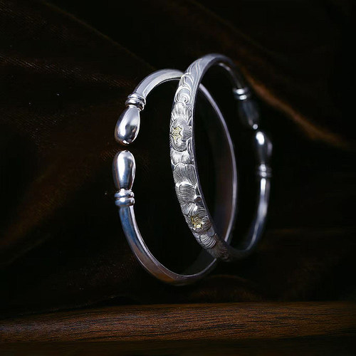 999足银牡丹花描金花蕊分色款开口手镯 女款时尚新中式纯银镯饰品