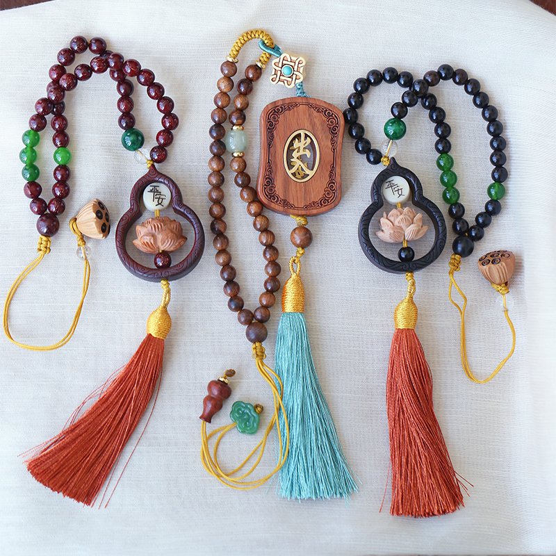 天然黑檀木小叶紫檀莲花葫芦出入平安款原创车挂 檀木挂坠饰品