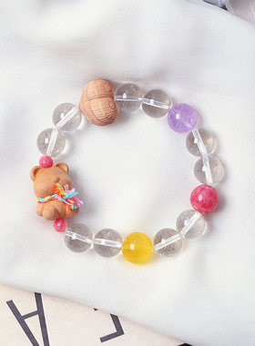 天然白水晶圆珠搭配檀木小熊原创设计款单圈手链女款时尚水晶手串