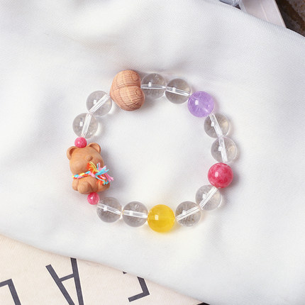 天然白水晶圆珠搭配檀木小熊原创设计款单圈手链女款时尚水晶手串