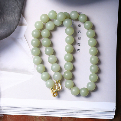 精品玉石 天然和田玉新疆料青玉圆珠款项链 女款玉石项链饰品礼物