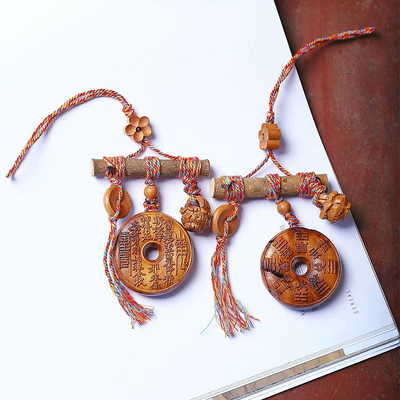 天然雷击木山鬼花钱挂件九宫八卦钥匙扣小宝宝ya惊吊坠 可放床头